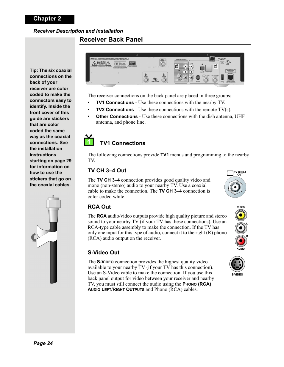 Receiver back panel, Chapter 2 | Dish Network DuoDVR 625 User Manual | Page 29 / 179
