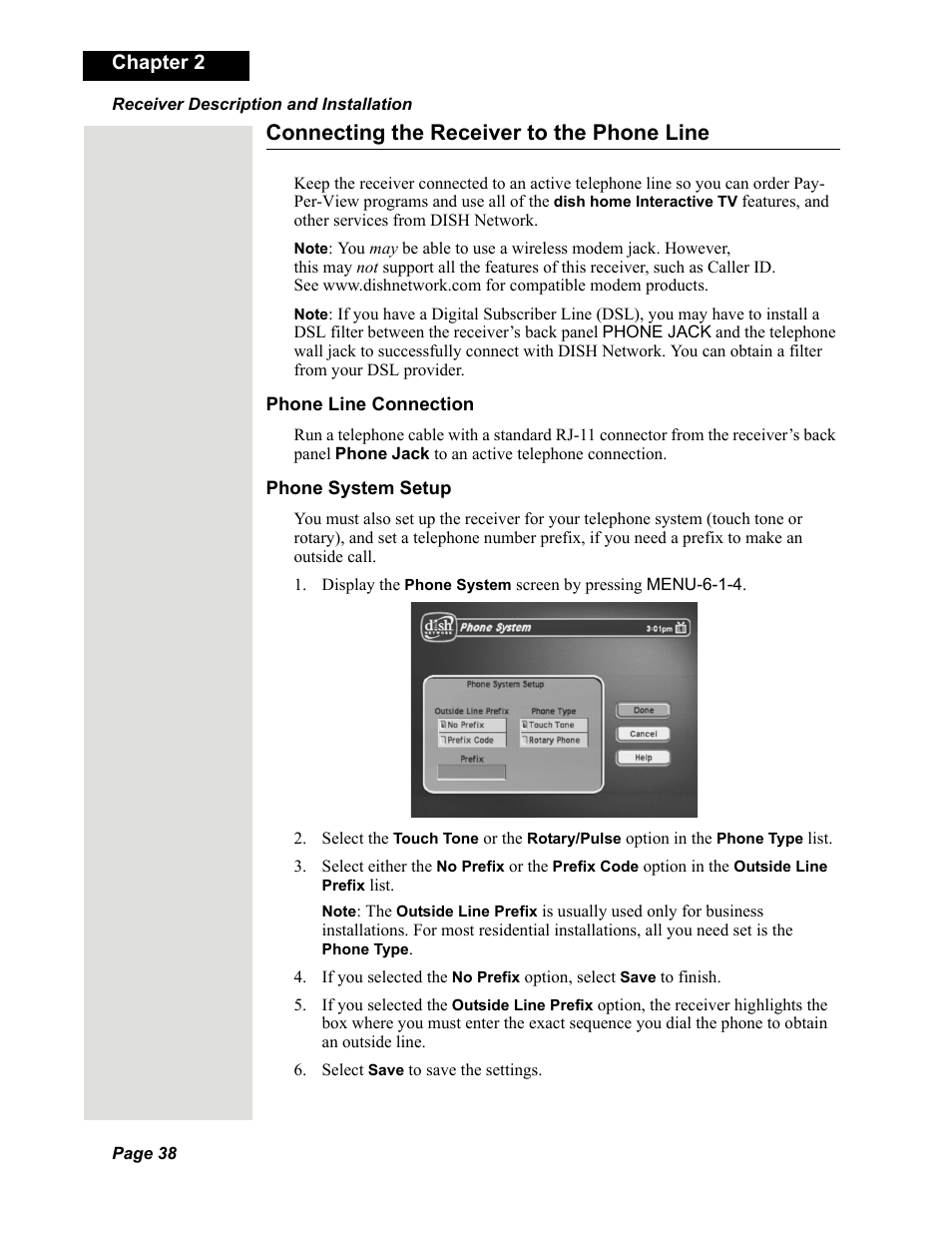 Connecting the receiver to the phone line, Chapter 2 | Dish Network DuoDVR 625 User Manual | Page 43 / 179