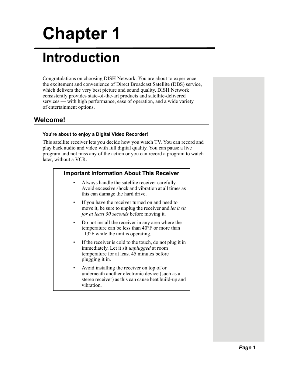 Chapter1, Chapter 1 - introduction, Chapter 1 | Introduction | Dish Network DuoDVR 625 User Manual | Page 6 / 179