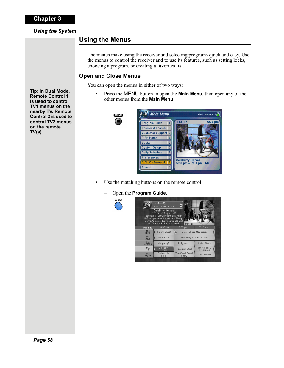 Using the menus, Chapter 3 | Dish Network DuoDVR 625 User Manual | Page 63 / 179