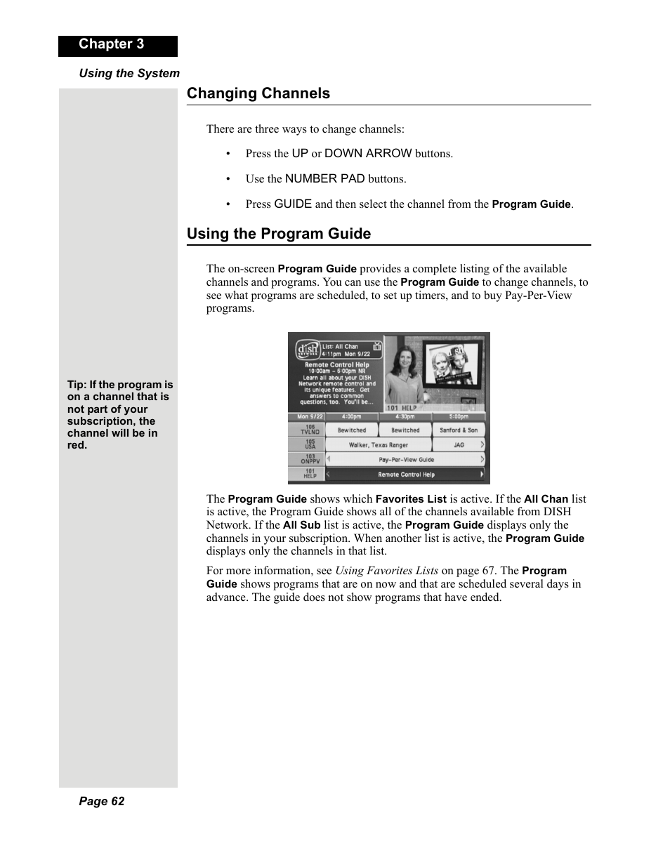 Changing channels, Using the program guide, Chapter 3 | Dish Network DuoDVR 625 User Manual | Page 67 / 179