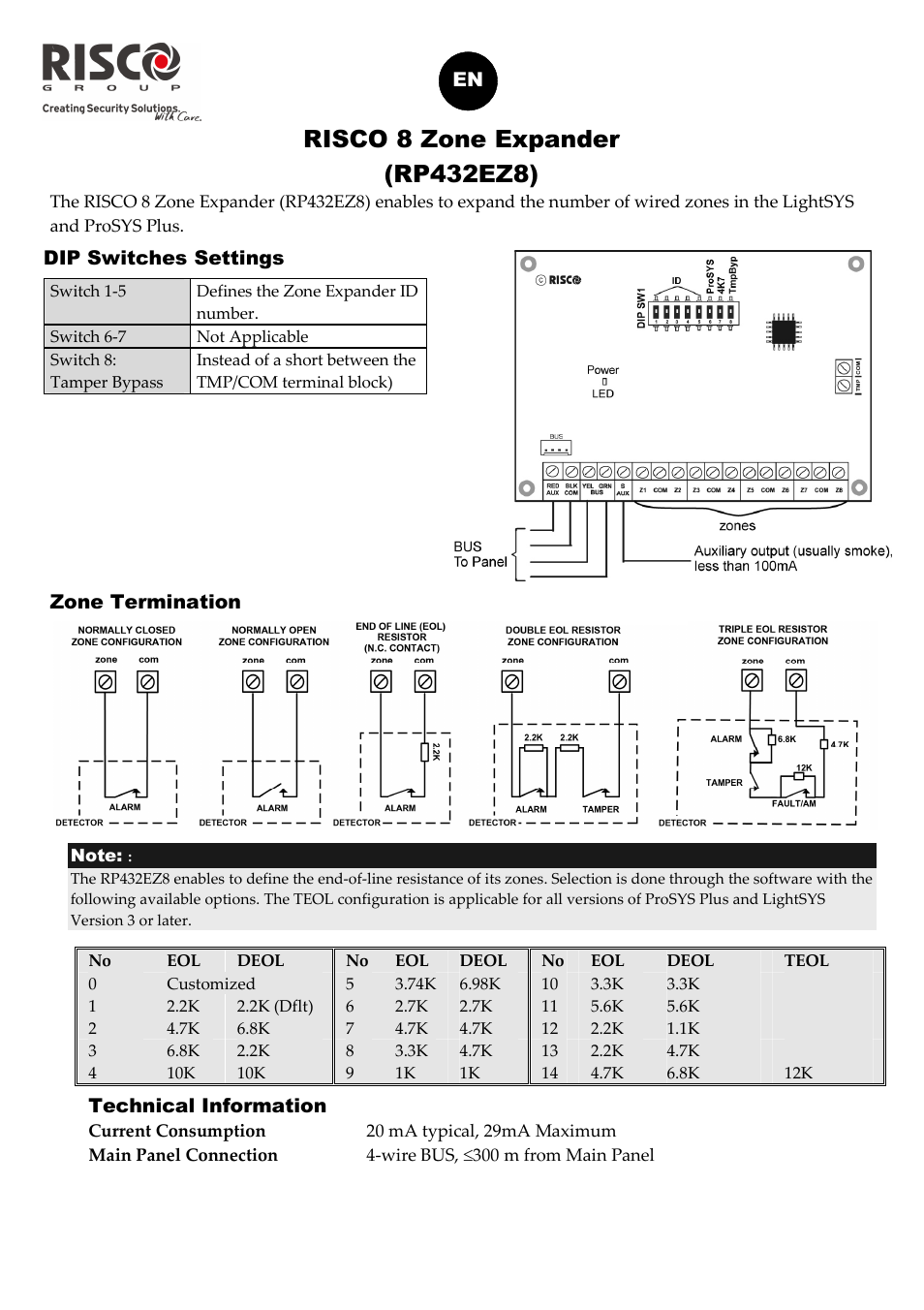 RISCO Group RISCO 8 Zone Expander RP432EZ8 User Manual | 4 pages