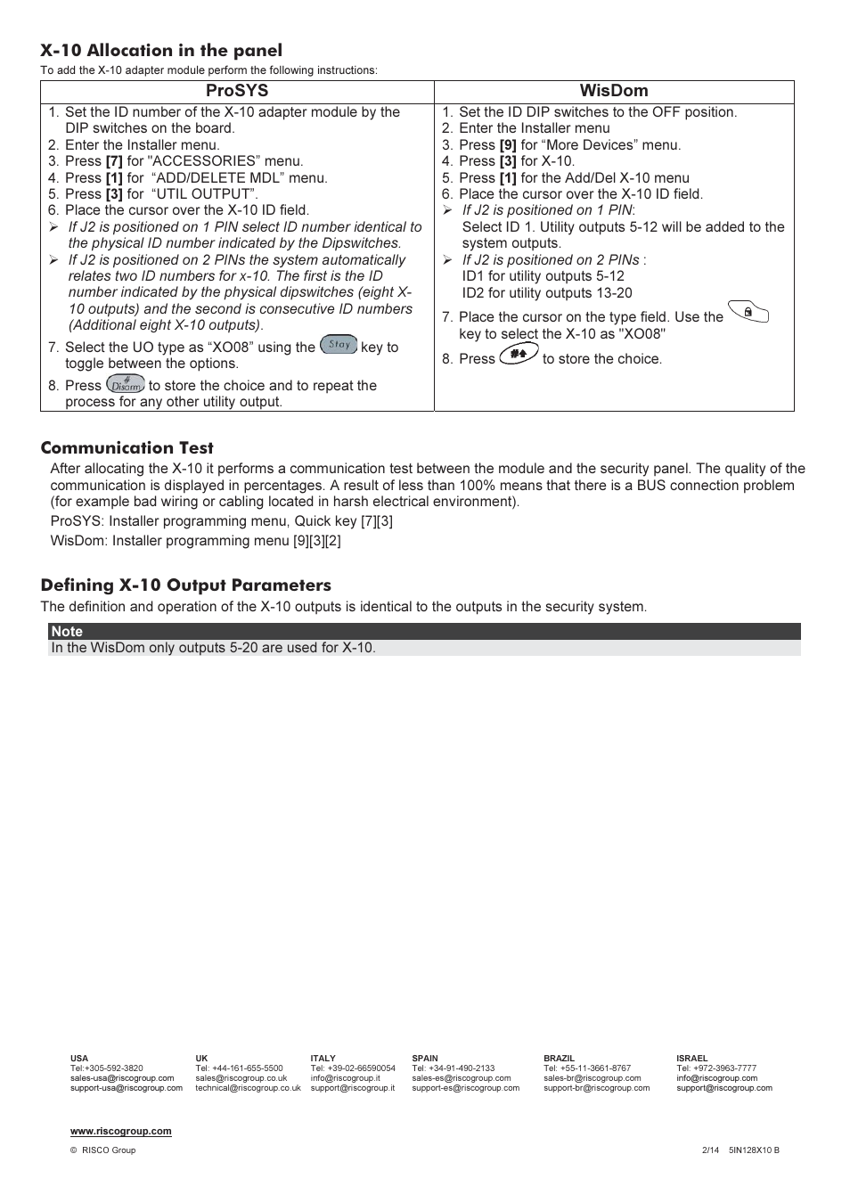 X-10 allocation in the panel, Prosys wisdom, Communication test | Defining x-10 output parameters | RISCO Group X-10 User Manual | Page 2 / 2
