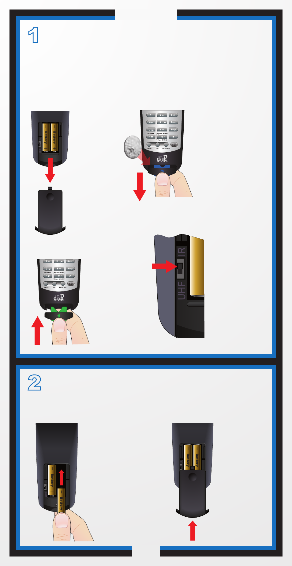 159263_21.0 guide_c2, Install the key correctly, Insert the batteries | Dish Network 21.0 User Manual | Page 4 / 48