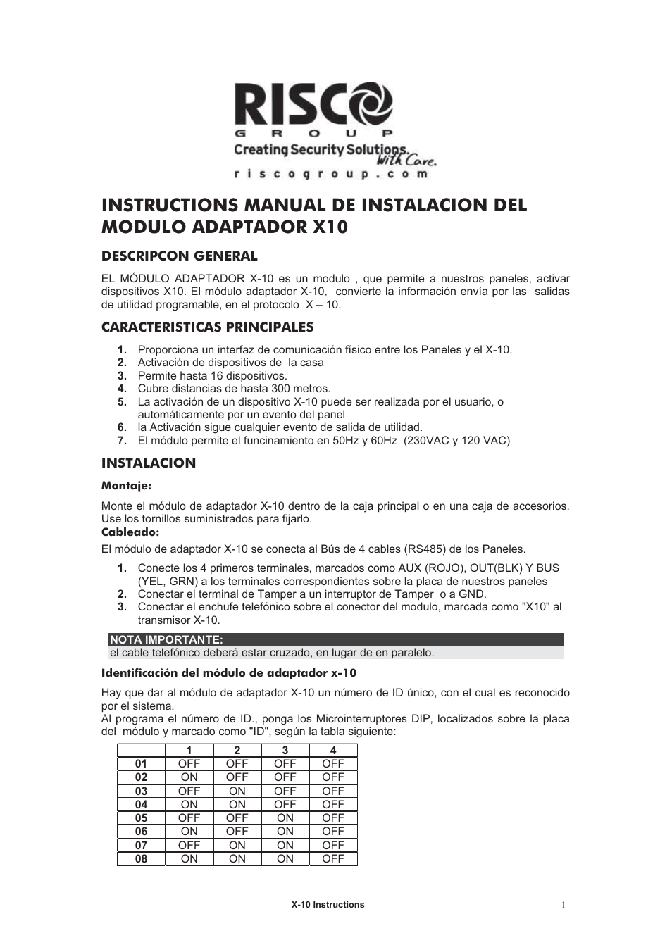 RISCO Group X-10 User Manual | 2 pages