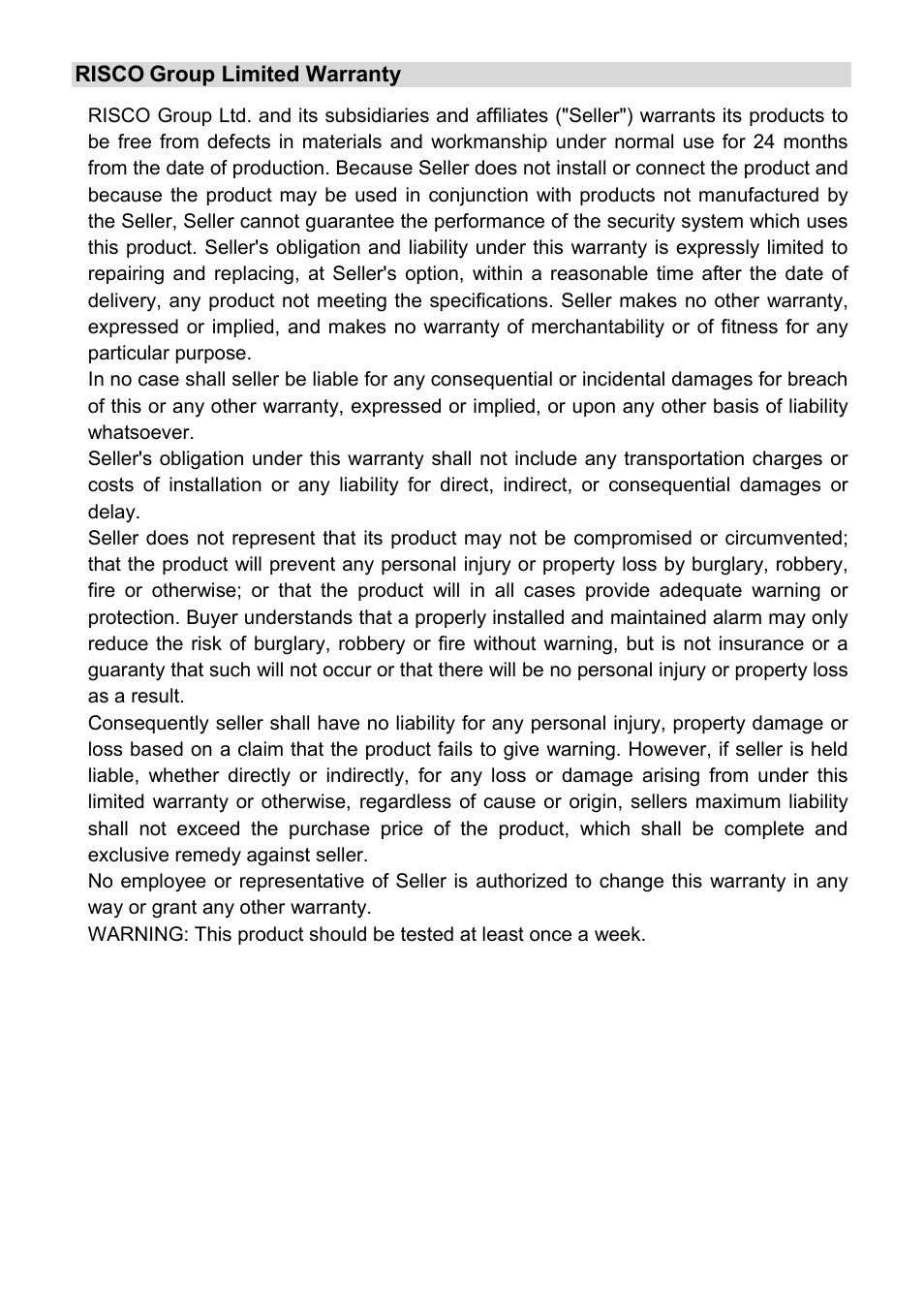 Risco, Group limited warranty | RISCO Group WL S50 User Manual | Page 11 / 12