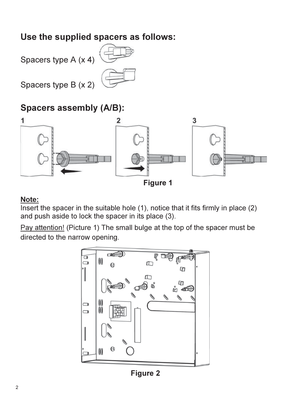 Use the supplied spacers as follows, Spacers assembly (a/b), Spacers type a (x 4) spacers type b (x 2) | RISCO Group 432BM Metal Enclosure User Manual | Page 2 / 8