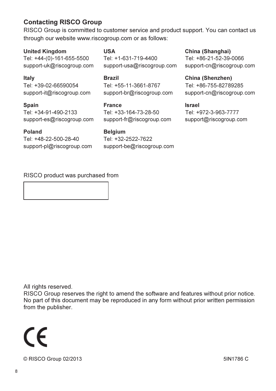 RISCO Group 432BM Metal Enclosure User Manual | Page 8 / 8