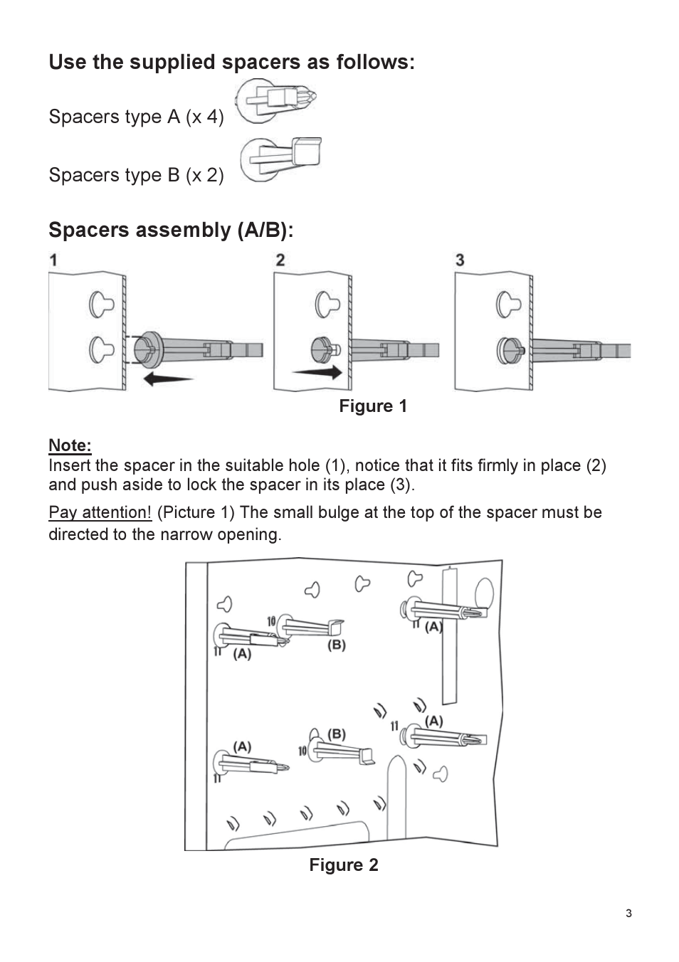 Use the supplied spacers as follows, Spacers assembly (a/b), Spacers type a (x 4) spacers type b (x 2) | RISCO Group 432BM1 Metal Enclosure User Manual | Page 3 / 8