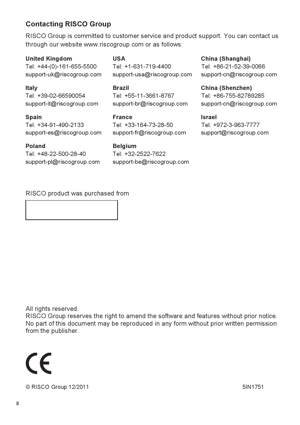 RISCO Group 432BM1 Metal Enclosure User Manual | Page 8 / 8