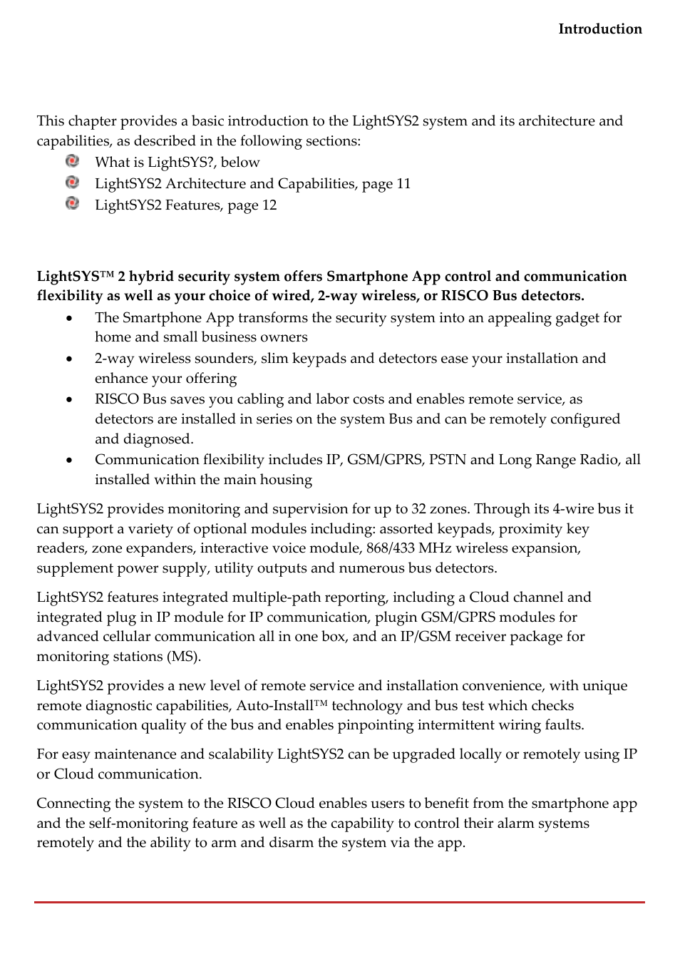 Chapter 1 introduction | RISCO Group LightSYS 2 User Manual | Page 9 / 256