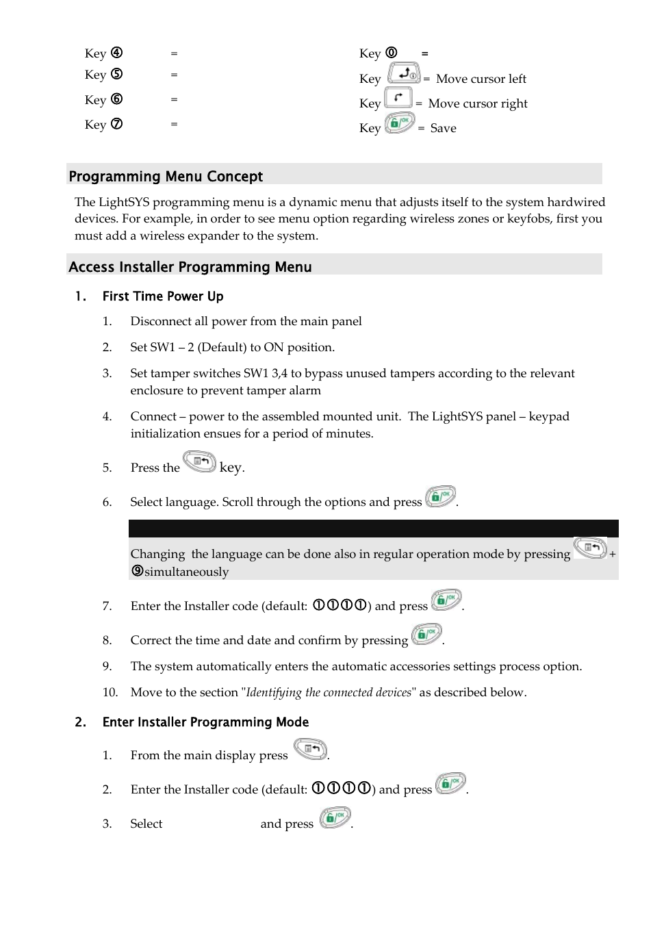 Programming menu concept, Access installer programming menu, First time power up | Enter installer programming mode | RISCO Group LightSYS Ver 2.xx User Manual | Page 12 / 28