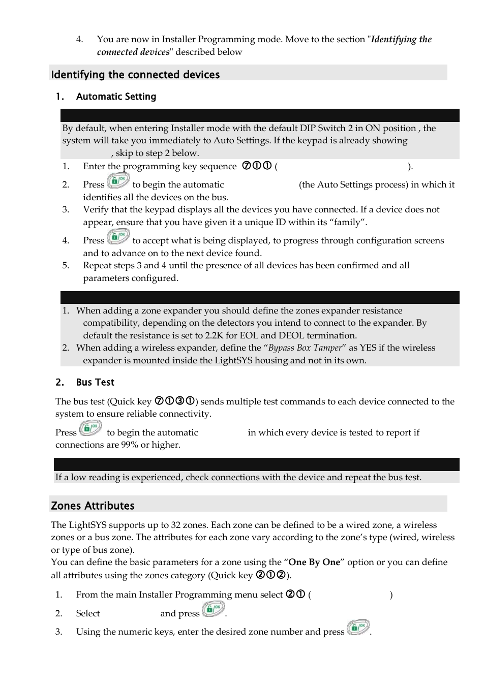 Identifying the connected devices, Automatic setting, Bus test | Zones attributes | RISCO Group LightSYS Ver 2.xx User Manual | Page 13 / 28
