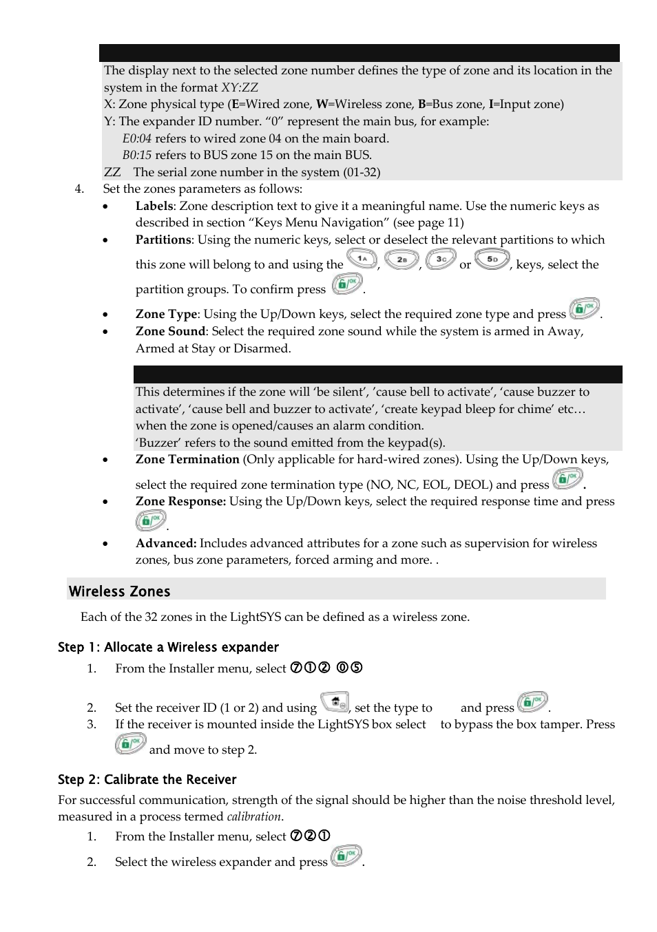 Wireless zones, Step 1: allocate a wireless expander, Step 2: calibrate the receiver | RISCO Group LightSYS Ver 2.xx User Manual | Page 14 / 28