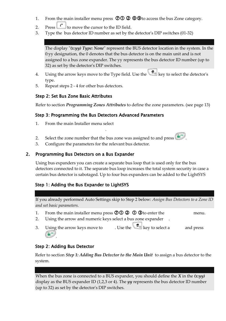 Step 2: set bus zone basic attributes, Programming bus detectors on a bus expander, Step 1: adding the bus expander to lightsys | Step 2: adding bus detector | RISCO Group LightSYS Ver 2.xx User Manual | Page 16 / 28