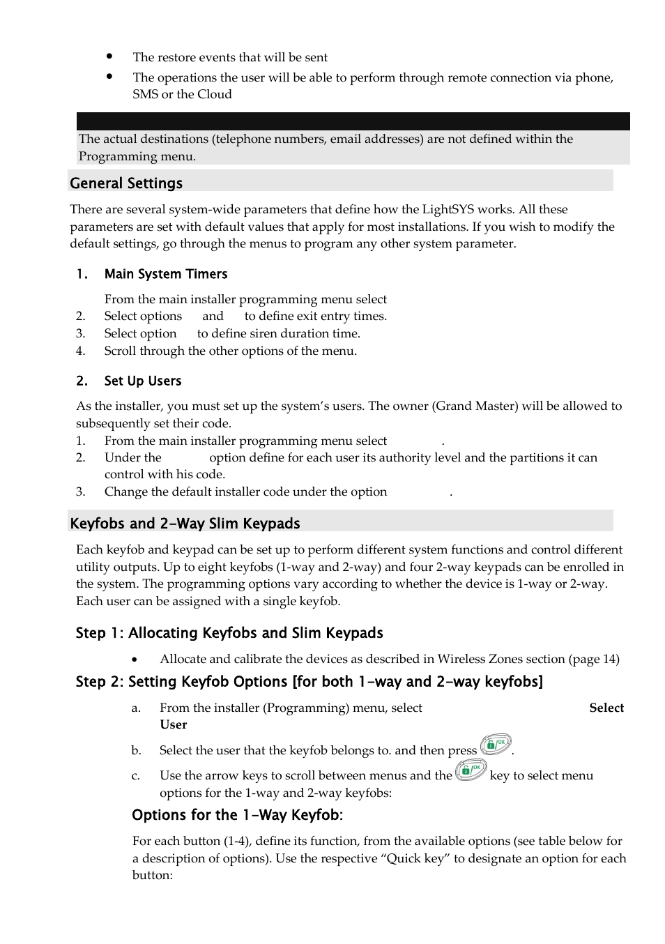 General settings, Main system timers, Set up users | Keyfobs and 2-way slim keypads | RISCO Group LightSYS Ver 2.xx User Manual | Page 18 / 28