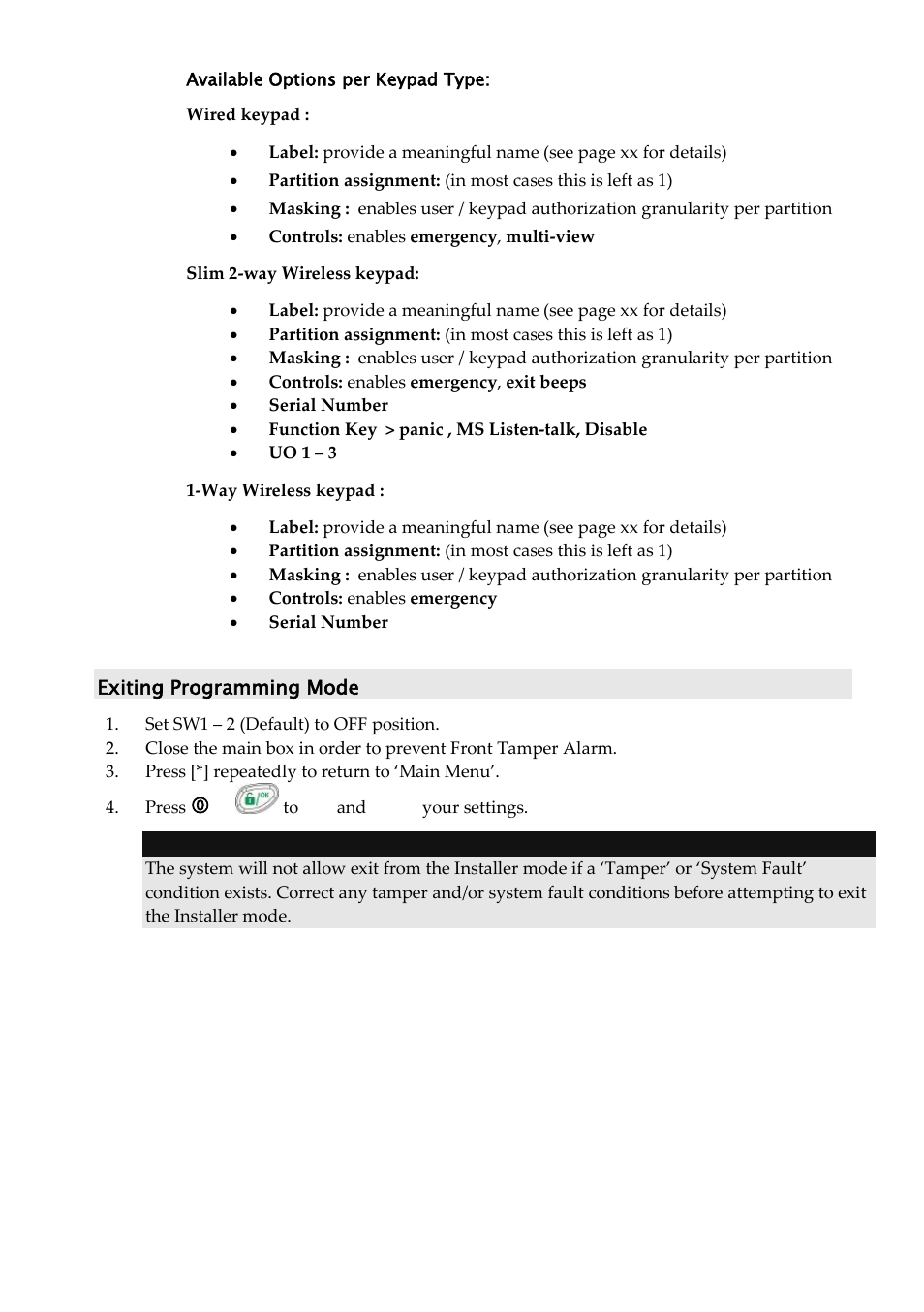 Exiting programming mode | RISCO Group LightSYS Ver 2.xx User Manual | Page 20 / 28
