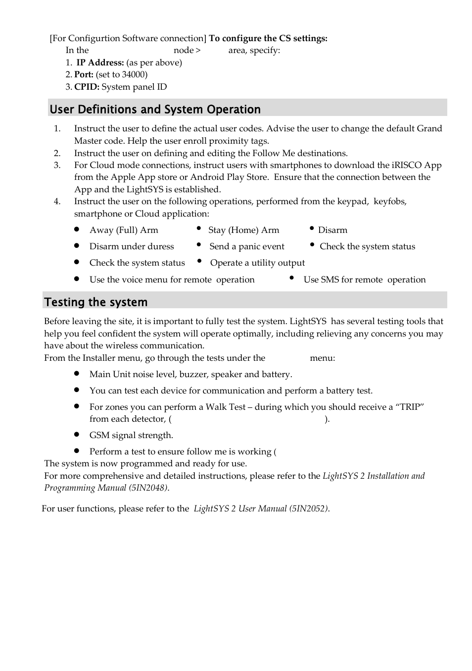 User definitions and system operation, Testing the system | RISCO Group LightSYS Ver 2.xx User Manual | Page 22 / 28