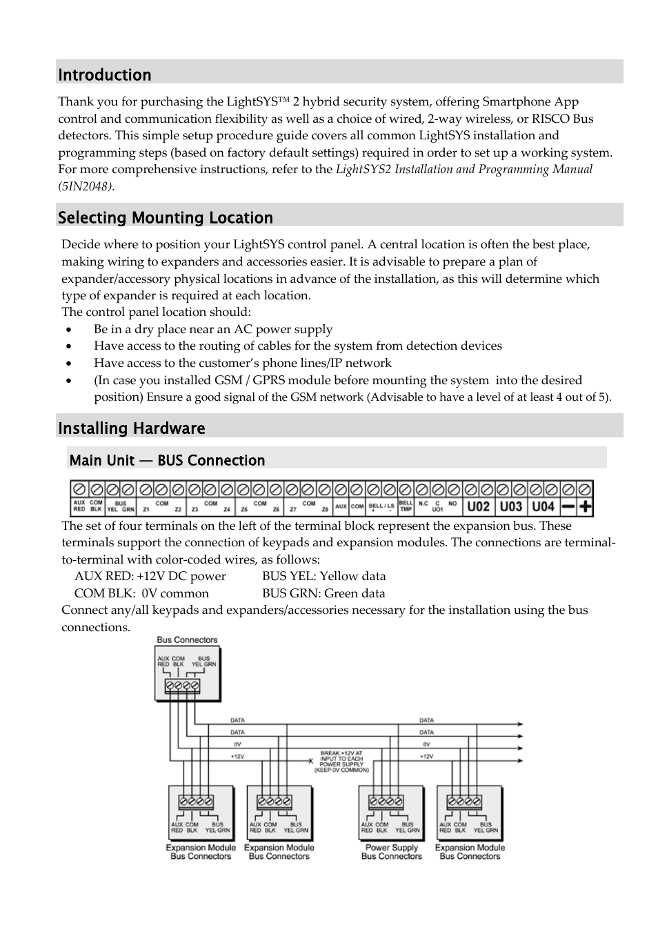 Introduction, Selecting mounting location, Installing hardware | Main unit — bus connection | RISCO Group LightSYS Ver 2.xx User Manual | Page 5 / 28