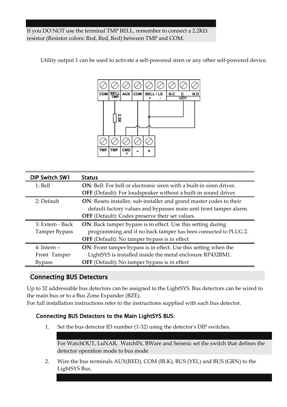 Main unit dip switch settings, Connecting bus detectors, Connecting bus detectors to the main lightsys bus | RISCO Group LightSYS Ver 2.xx User Manual | Page 9 / 28