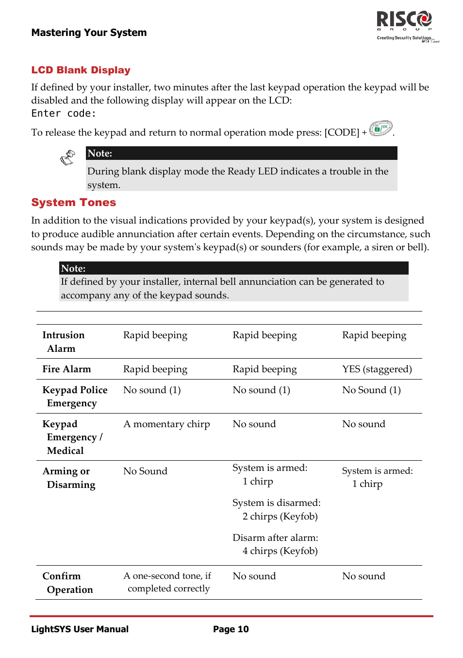 Lcd blank display, System tones | RISCO Group LightSYS User Manual | Page 10 / 52