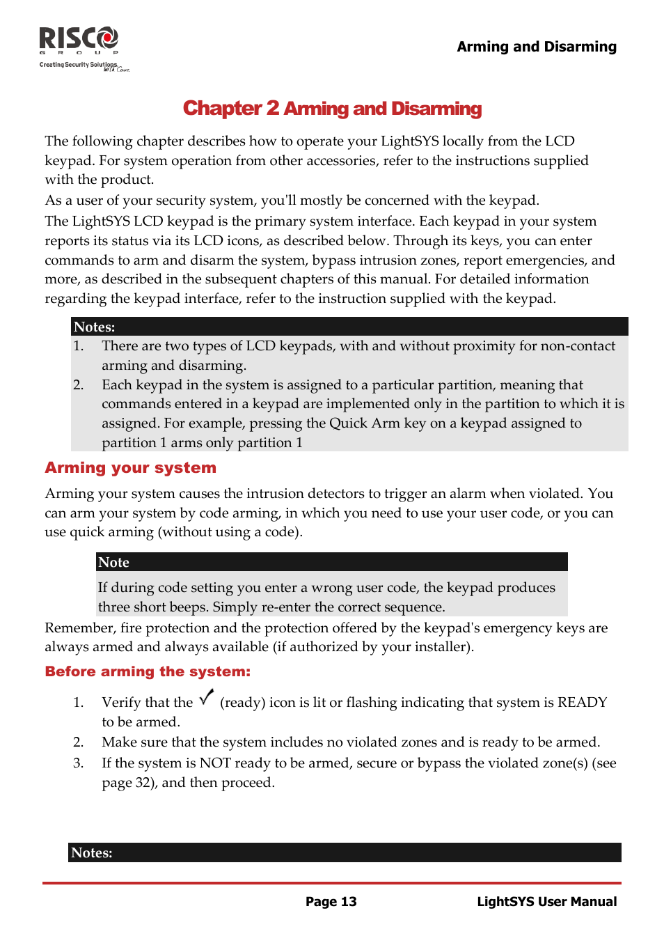Chapter 2 arming and disarming, Arming your system, Before arming the system | Chapter 2, Arming and disarming | RISCO Group LightSYS User Manual | Page 13 / 52