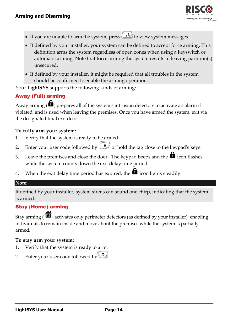 Away (full) arming, Stay (home) arming | RISCO Group LightSYS User Manual | Page 14 / 52