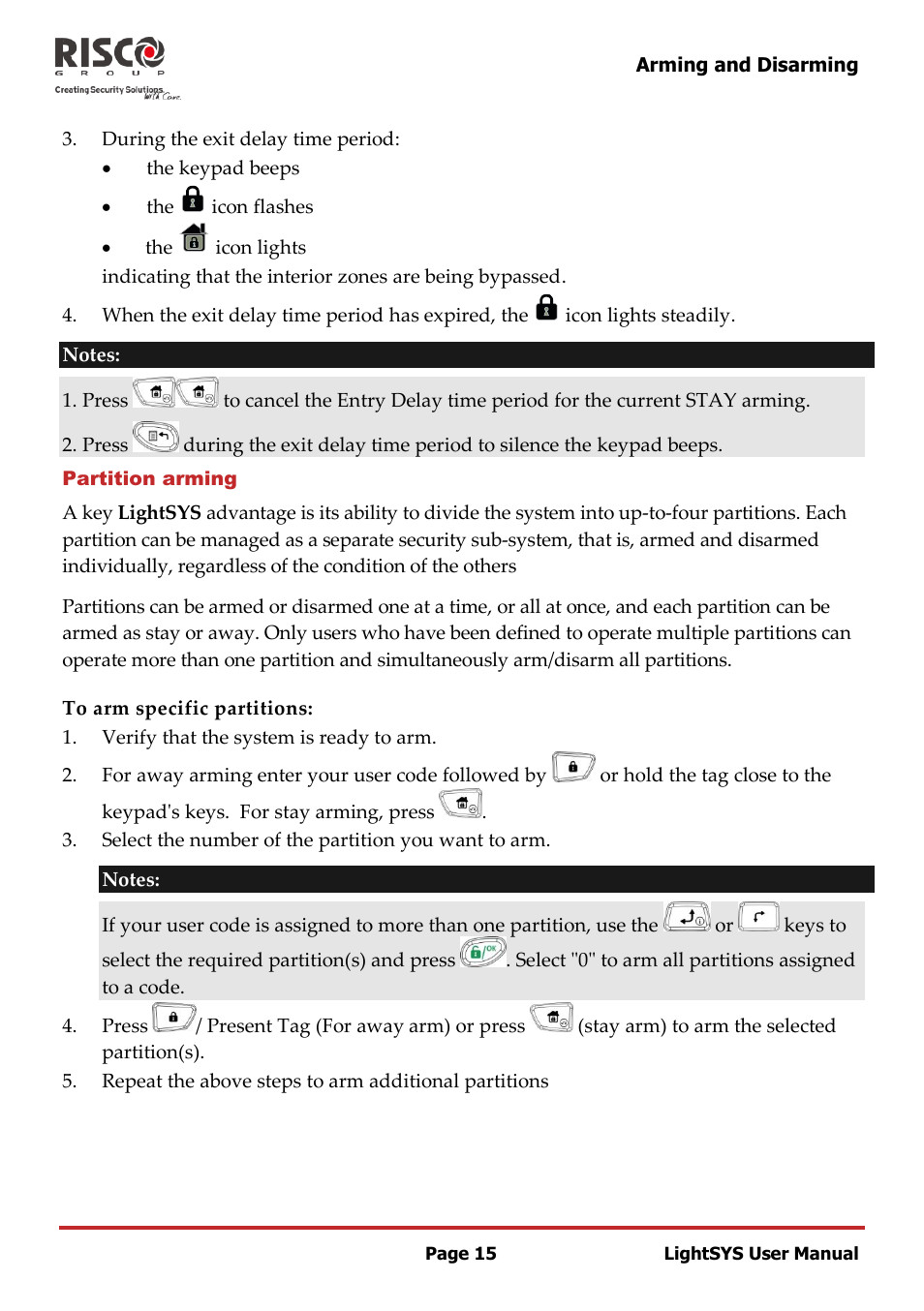 Partition arming | RISCO Group LightSYS User Manual | Page 15 / 52