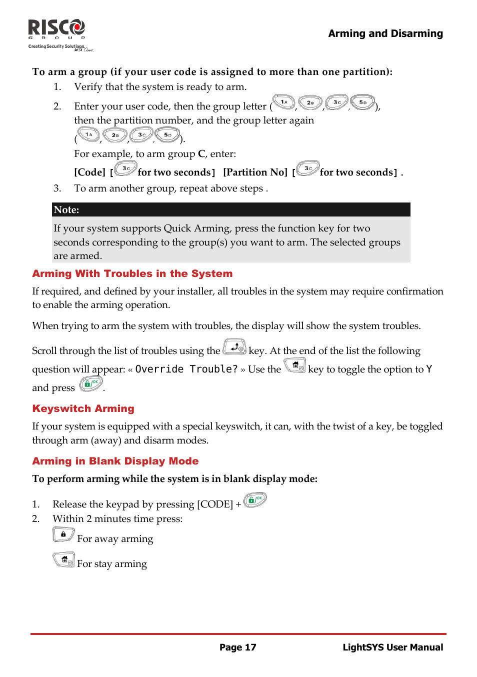 Arming with troubles in the system, Keyswitch arming, Arming in blank display mode | RISCO Group LightSYS User Manual | Page 17 / 52
