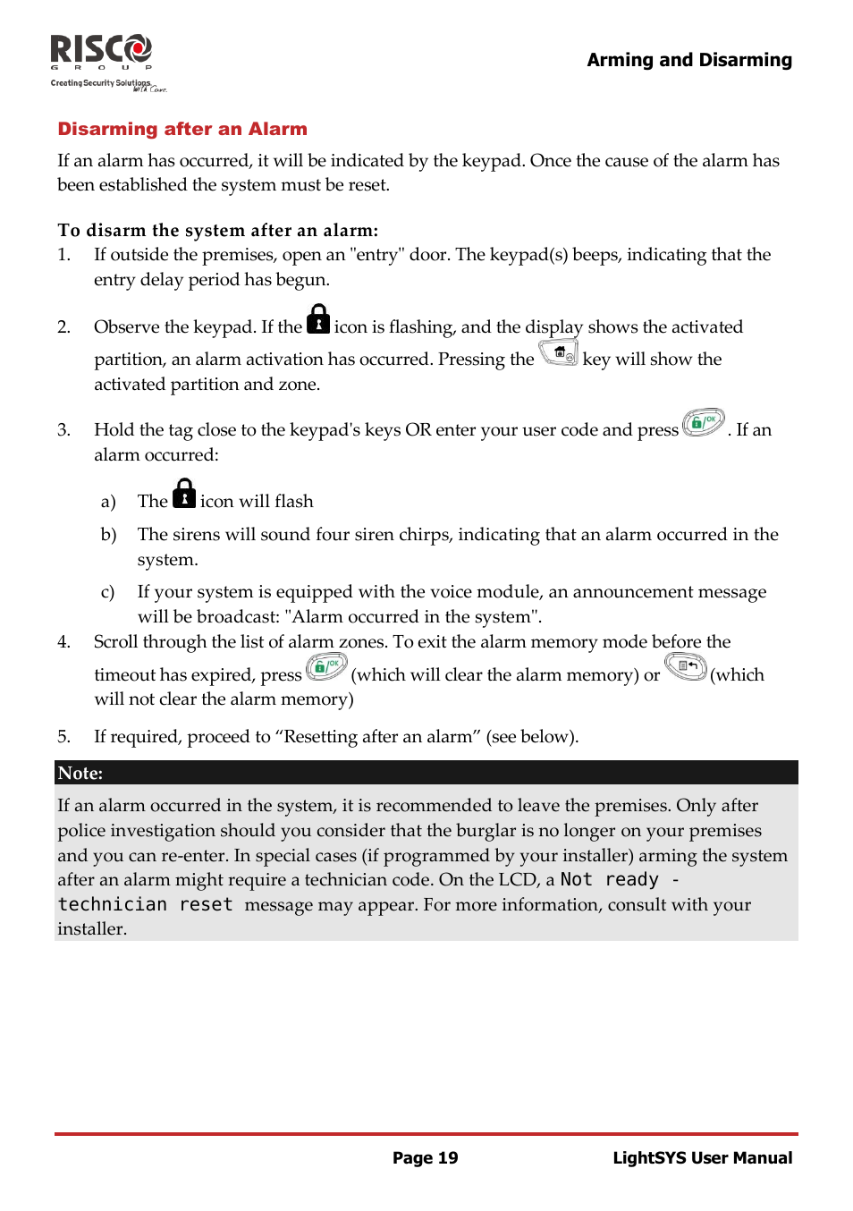 Disarming after an alarm | RISCO Group LightSYS User Manual | Page 19 / 52