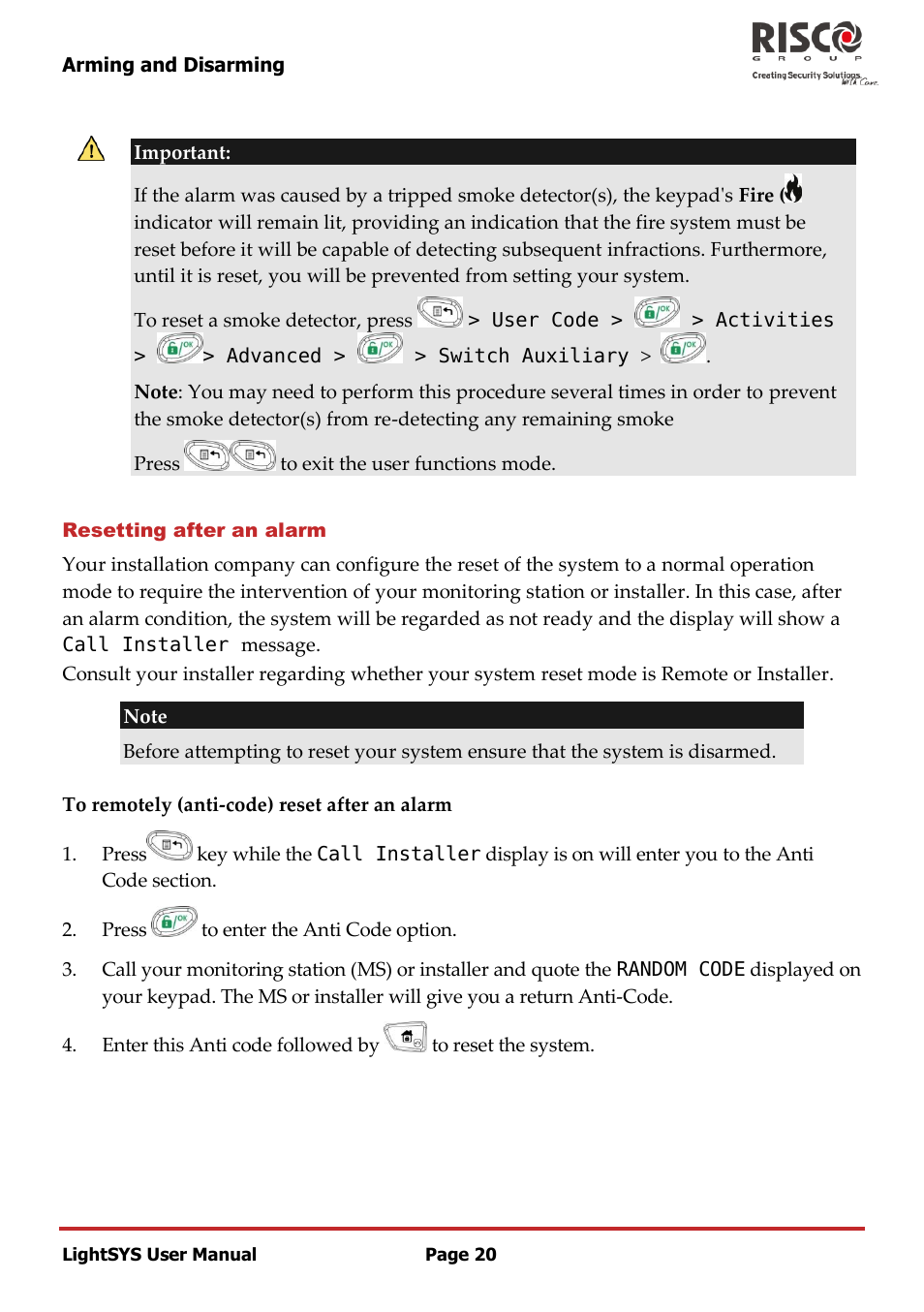 Resetting after an alarm | RISCO Group LightSYS User Manual | Page 20 / 52