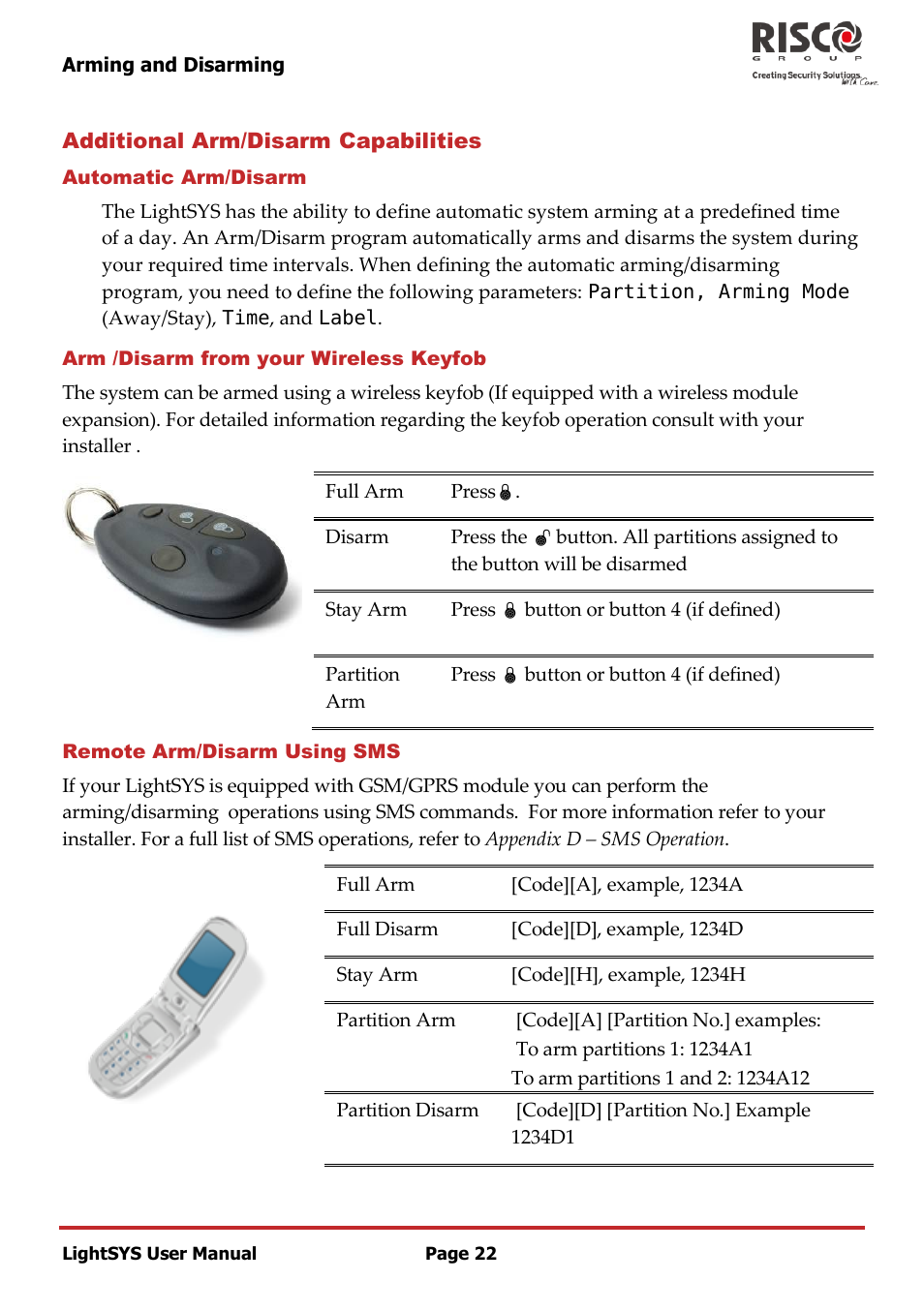 Additional arm/disarm capabilities, Automatic arm/disarm, Arm /disarm from your wireless keyfob | Remote arm/disarm using sms | RISCO Group LightSYS User Manual | Page 22 / 52