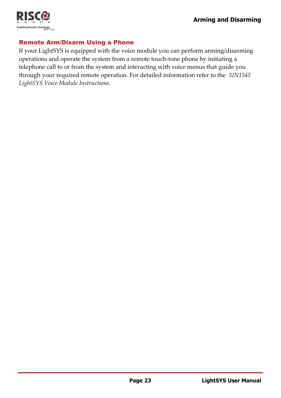 Remote arm/disarm using a phone | RISCO Group LightSYS User Manual | Page 23 / 52