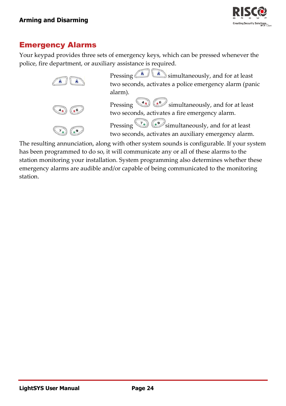Emergency alarms | RISCO Group LightSYS User Manual | Page 24 / 52