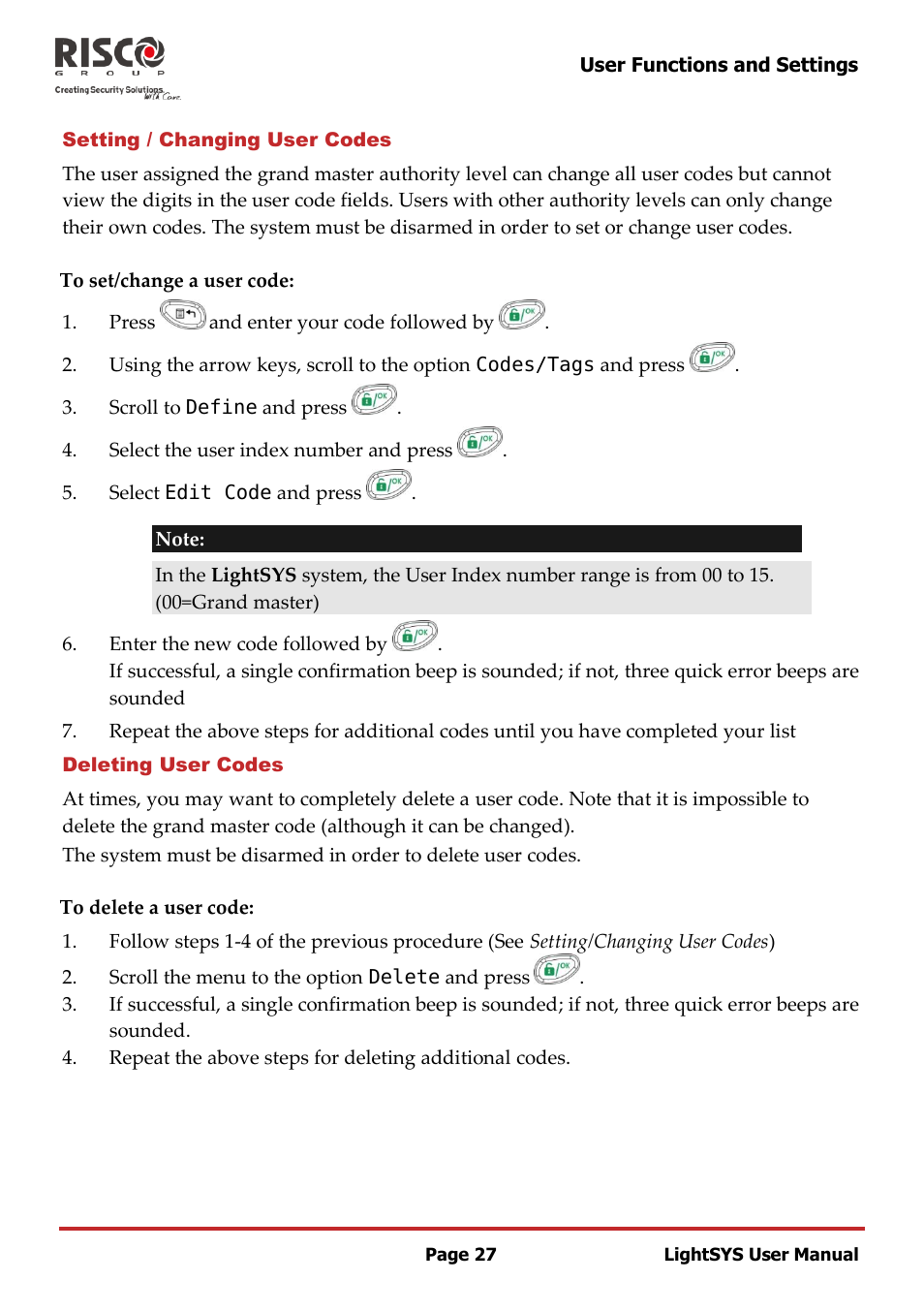 Setting / changing user codes, Deleting user codes | RISCO Group LightSYS User Manual | Page 27 / 52