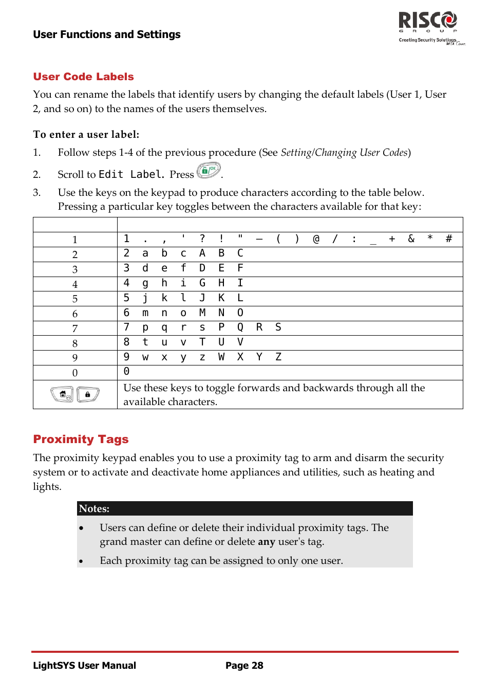 User code labels, Proximity tags | RISCO Group LightSYS User Manual | Page 28 / 52