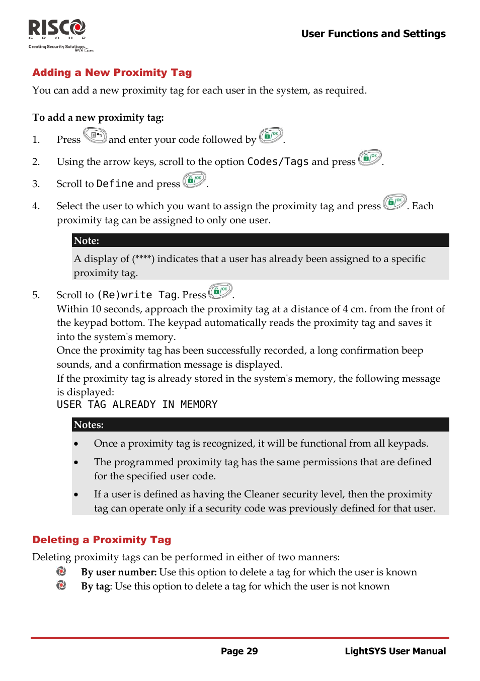 Adding a new proximity tag, Deleting a proximity tag | RISCO Group LightSYS User Manual | Page 29 / 52