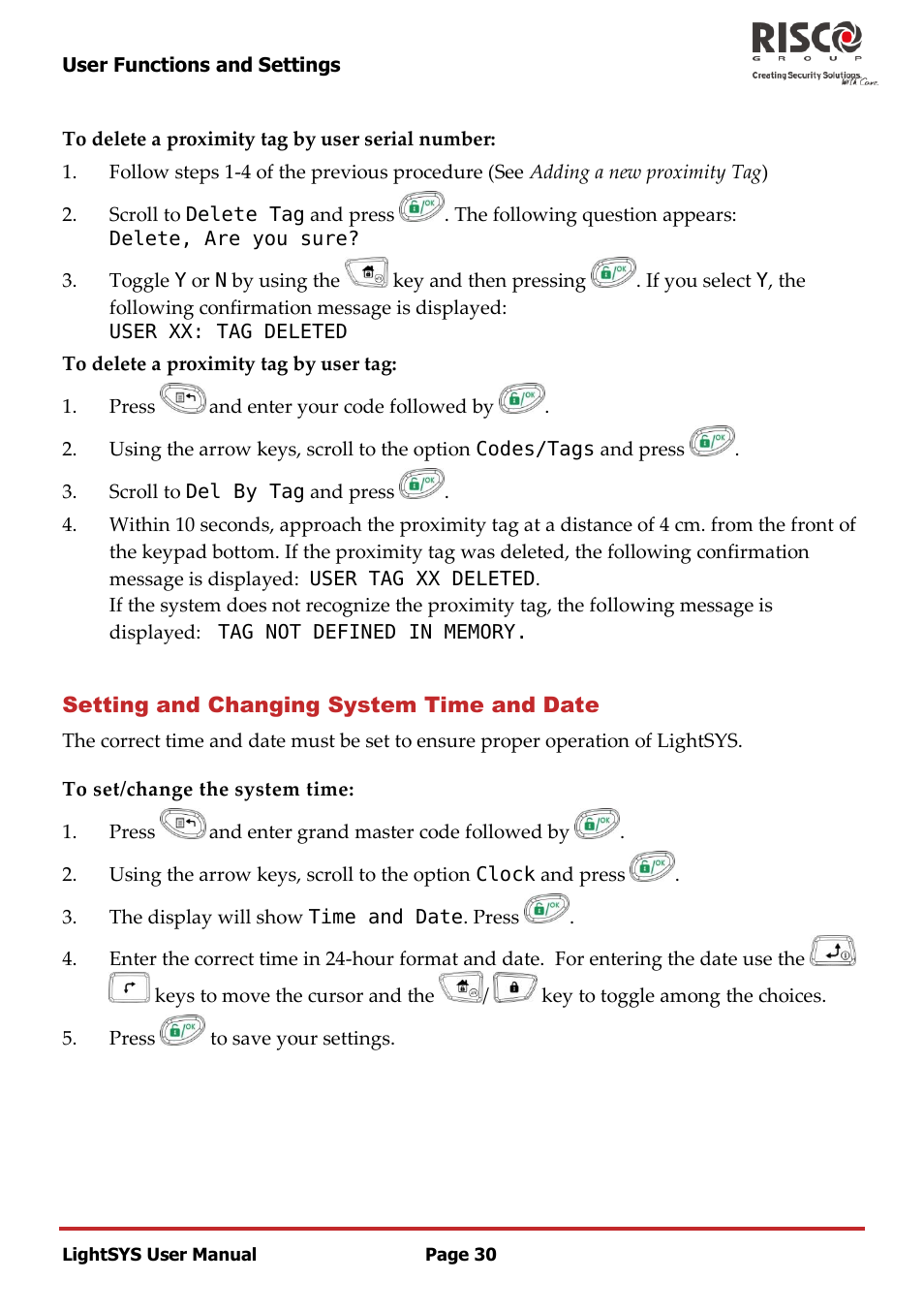 Setting and changing system time and date | RISCO Group LightSYS User Manual | Page 30 / 52