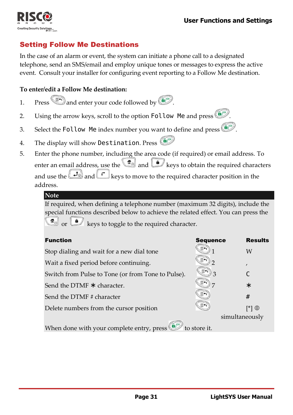 Setting follow me destinations | RISCO Group LightSYS User Manual | Page 31 / 52