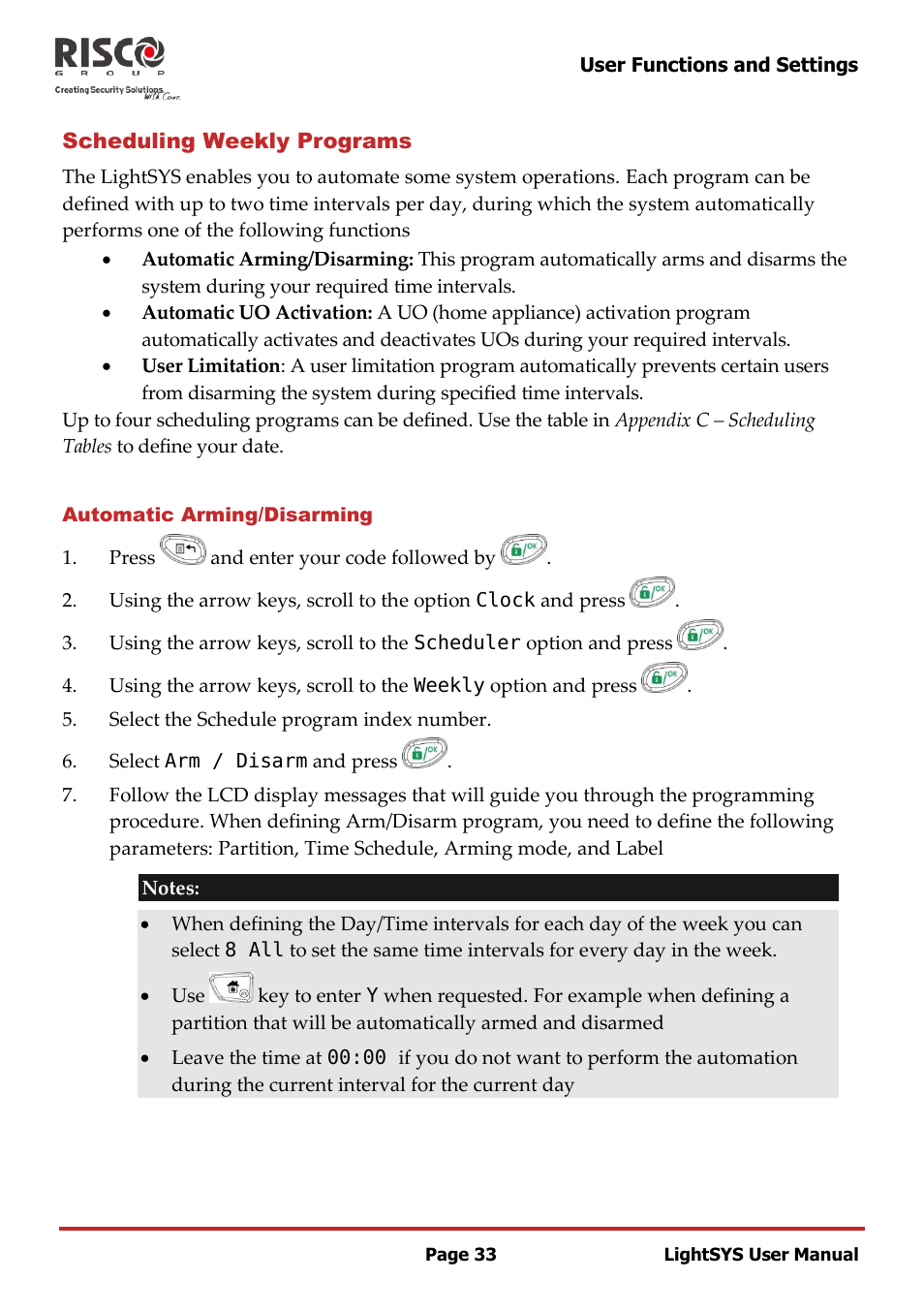 Scheduling weekly programs, Automatic arming/disarming | RISCO Group LightSYS User Manual | Page 33 / 52