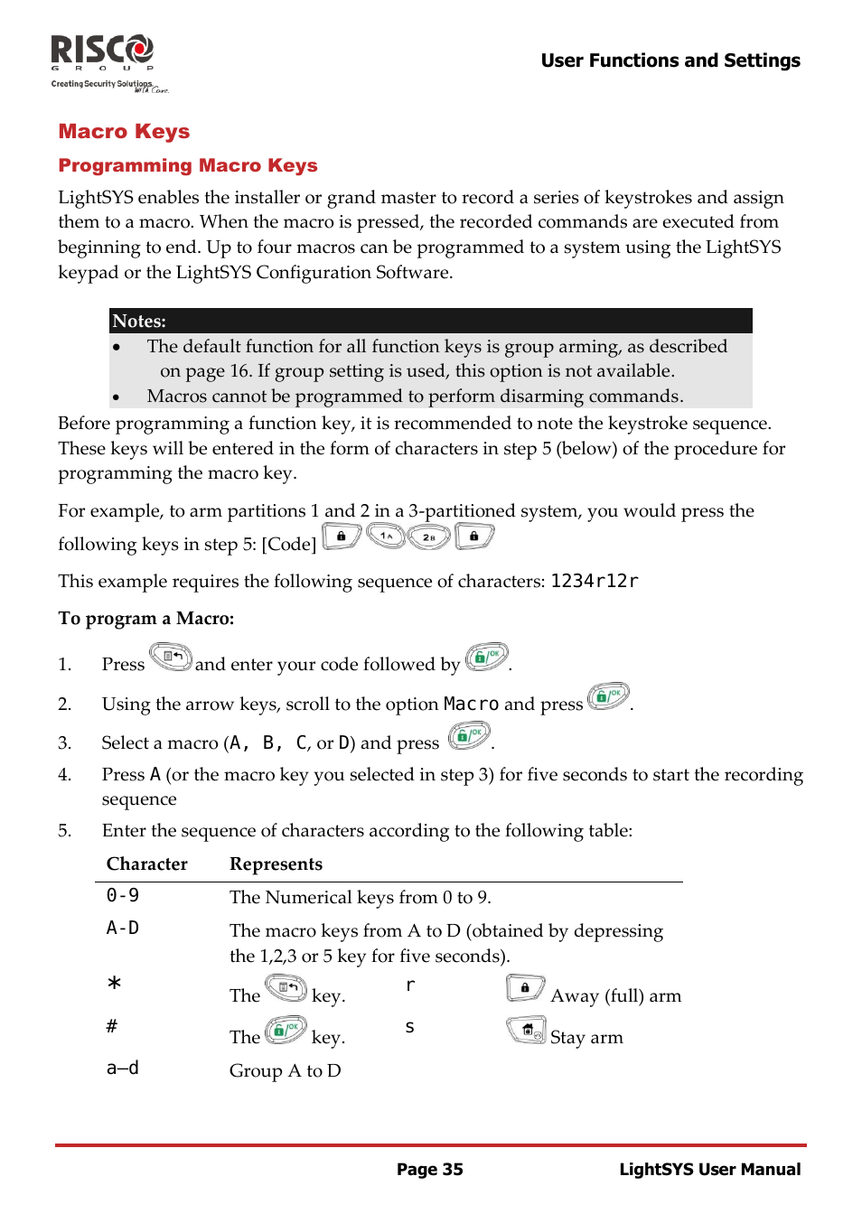 Macro keys, Programming macro keys | RISCO Group LightSYS User Manual | Page 35 / 52