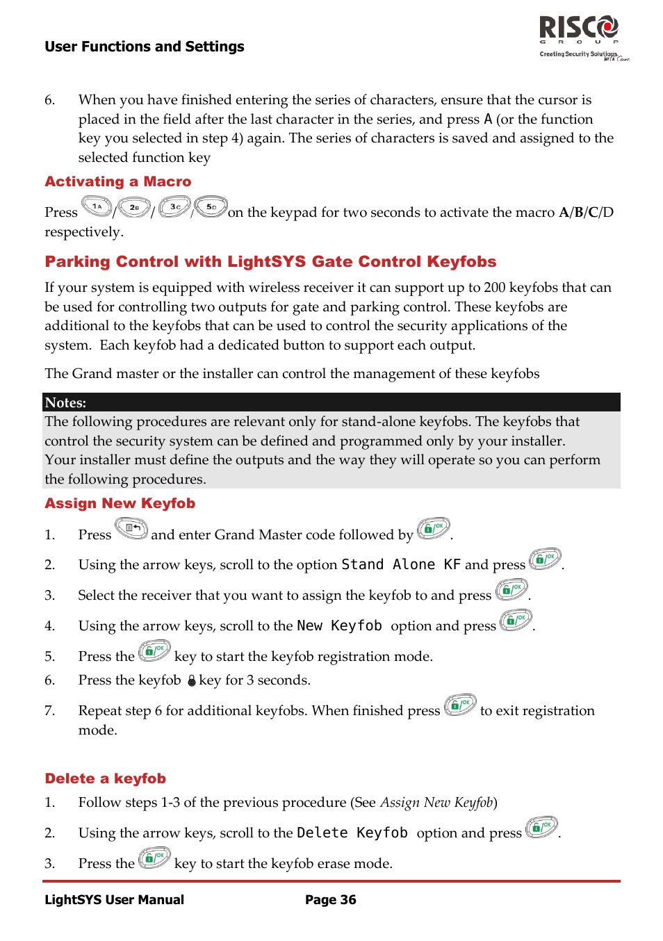 Activating a macro, Parking control with lightsys gate control keyfobs, Assign new keyfob | Delete a keyfob | RISCO Group LightSYS User Manual | Page 36 / 52