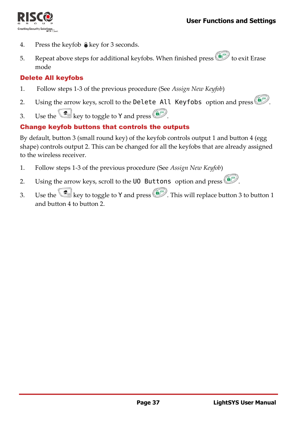 Delete all keyfobs, Change keyfob buttons that controls the outputs | RISCO Group LightSYS User Manual | Page 37 / 52