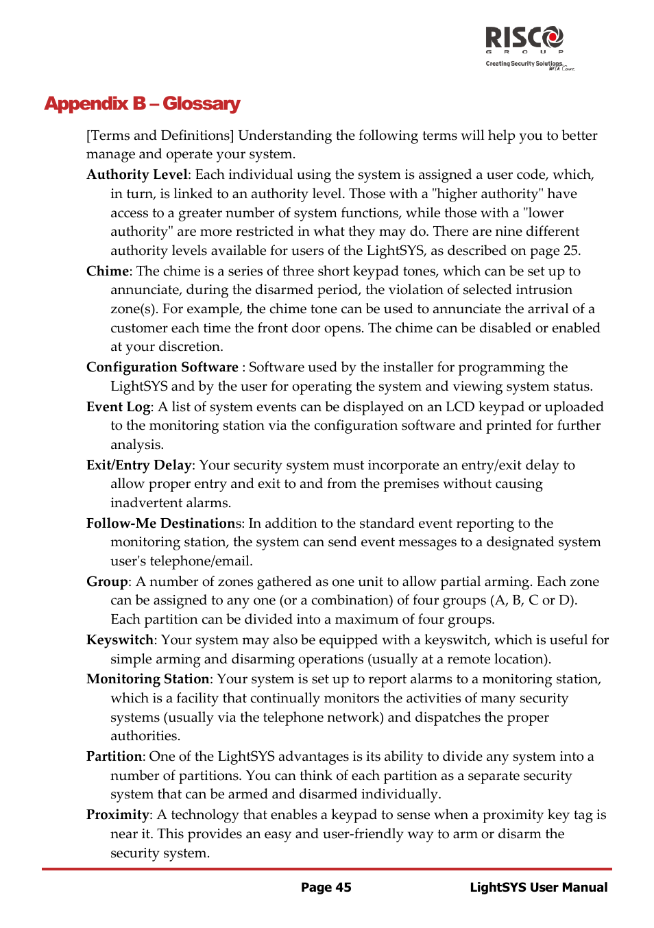 Appendix b, Glossary, Appendix b – glossary | RISCO Group LightSYS User Manual | Page 45 / 52