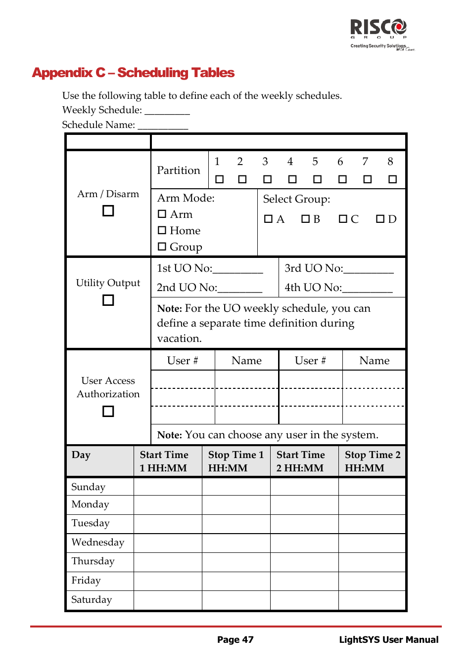 Appendix c, Scheduling tables, Appendix c – scheduling tables | RISCO Group LightSYS User Manual | Page 47 / 52