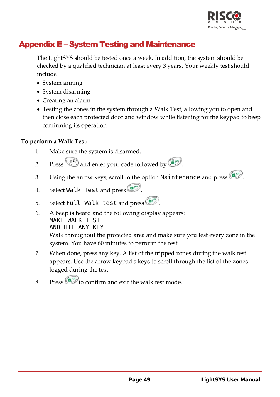 Appendix e, System testing and maintenance, Appendix e – system testing and maintenance | RISCO Group LightSYS User Manual | Page 49 / 52