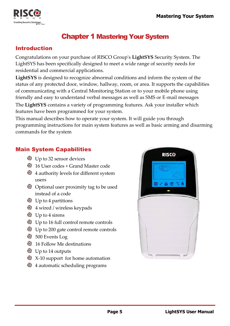 Chapter 1 mastering your system, Introduction, Main system capabilities | Chapter 1, Mastering your system | RISCO Group LightSYS User Manual | Page 5 / 52