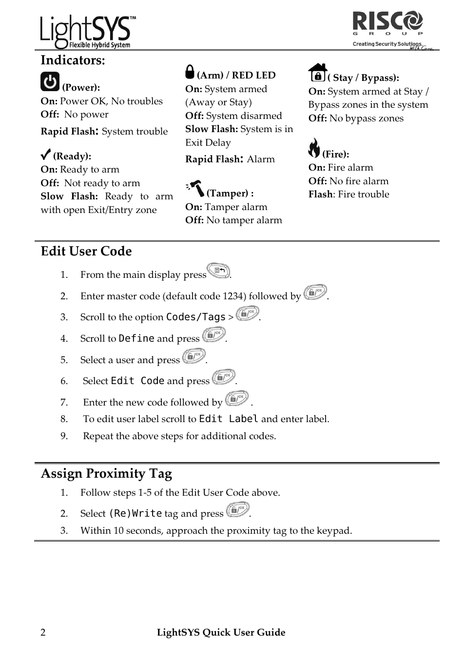Indicators, Edit user code, Assign proximity tag | RISCO Group LightSYS User Manual | Page 2 / 4