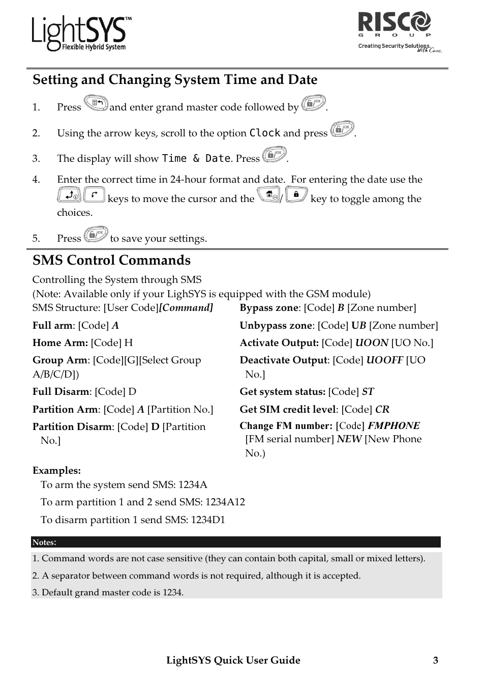 Setting and changing system time and date, Sms control commands | RISCO Group LightSYS User Manual | Page 3 / 4