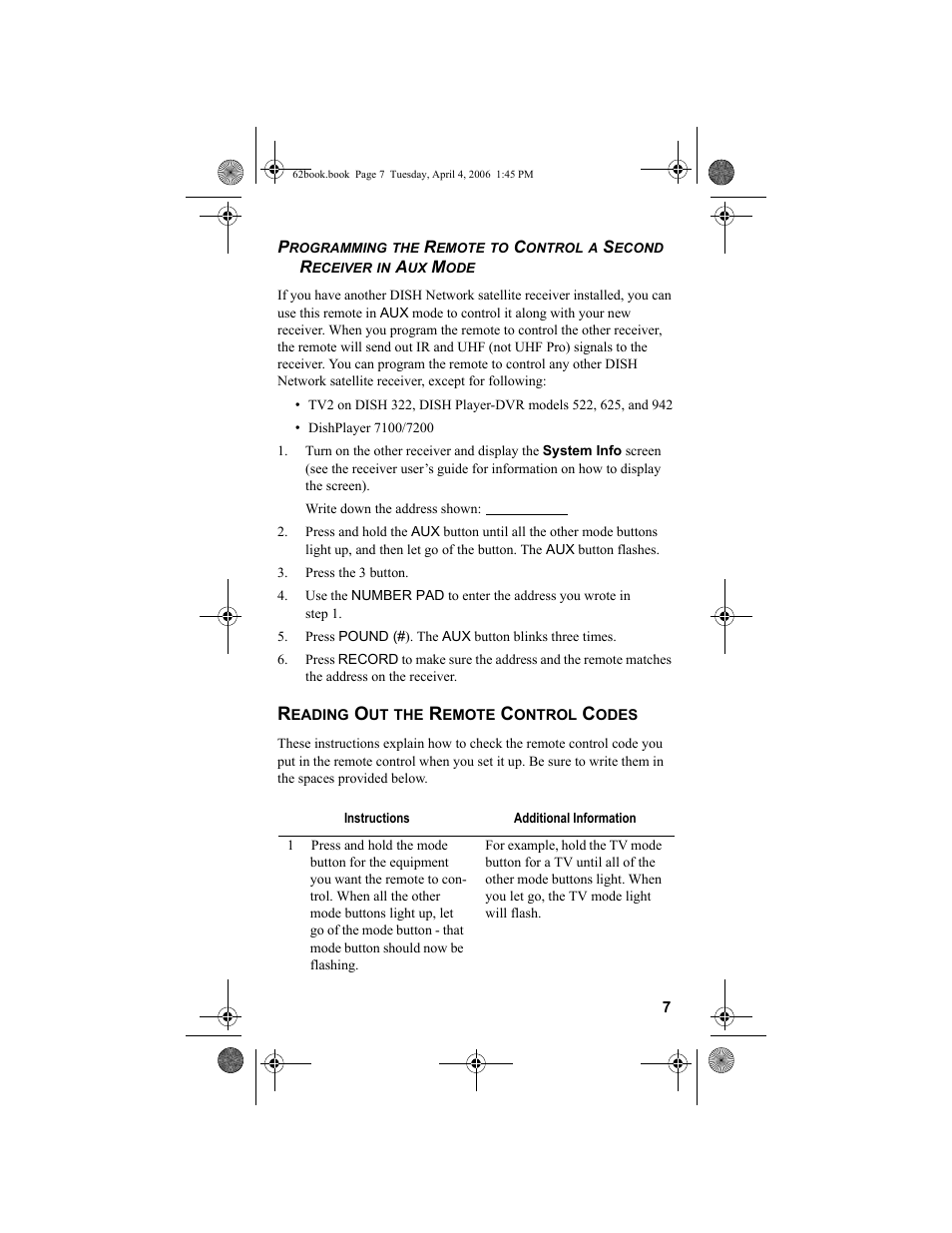 Press the 3 button, Press pound (#). the aux button blinks three times, Reading out the remote control codes | Dish Network DVR 942 User Manual | Page 17 / 34